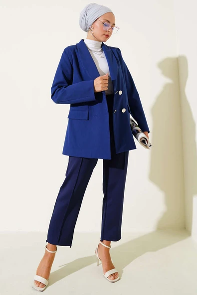 Cep Kapaklı Dört Düğmeli Blazer Ceket Lacivert - Resim 2