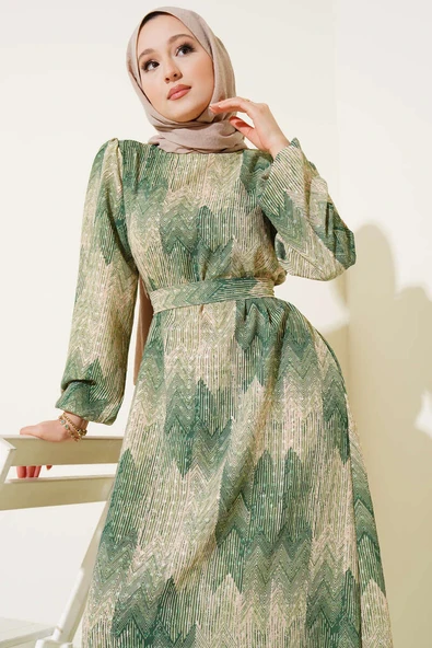 Desenli Viscon Elbise Yeşil - Resim 2