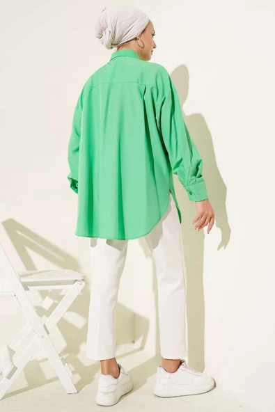Basic Gizli Düğmeli Gömlek Yeşil - Resim 3