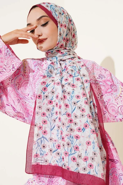 Papatya Desen Bambu Kraş Şal Bordo - Resim 2