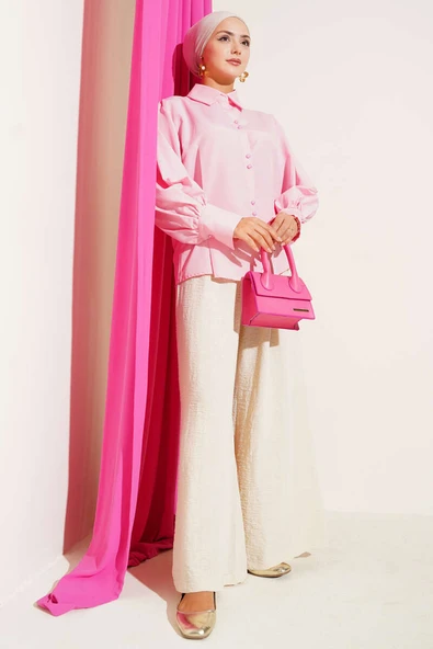 Top Düğmeli Pensli Gömlek Pembe - Resim 2
