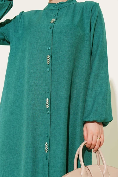 Önü Taş Detaylı Uzun Tunik İkili Takım Zümrüt - Resim 4