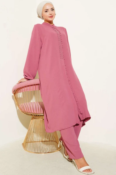 Önü Fırfırlı Taş Detaylı İkili Takım Gül Kurusu ürün görseli 1