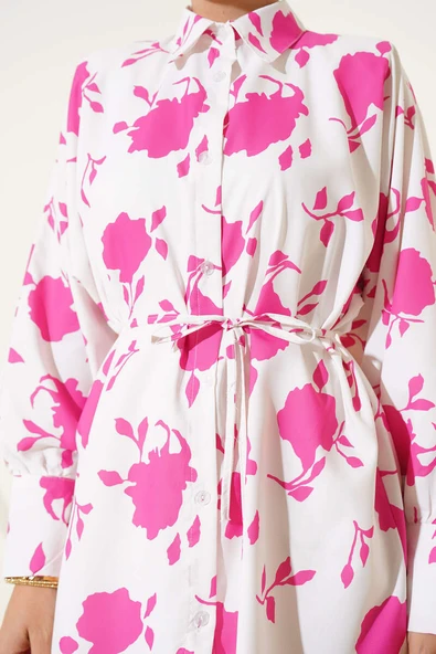 Minik Yaprak Desenli İp Kuşaklı Gömlek Fuşya - Resim 4