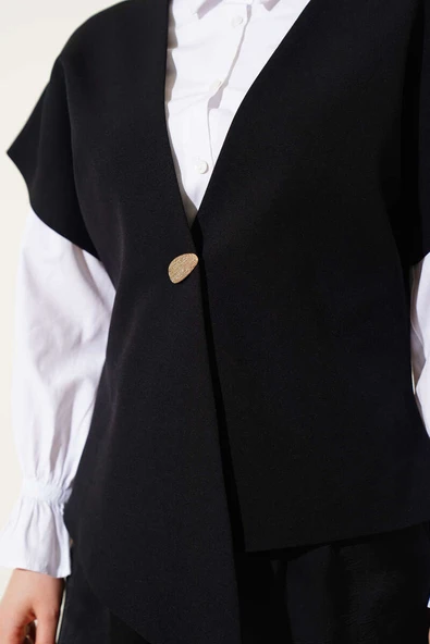 Gold Düğmeli Basic Yelek Siyah - Resim 4