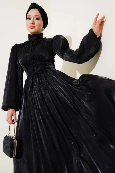 Şifon İp Bağlamalı Piliseli Abiye Elbise Siyah ürün görseli 1