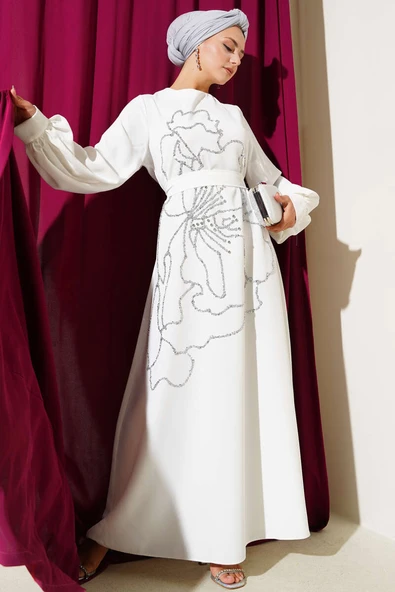 Çiçek Taş Süslemeli Abiye Elbise Beyaz ürün görseli 1