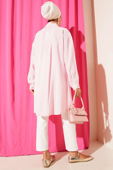 Taş Düğmeli Uzun Tunik Pembe - Resim 3