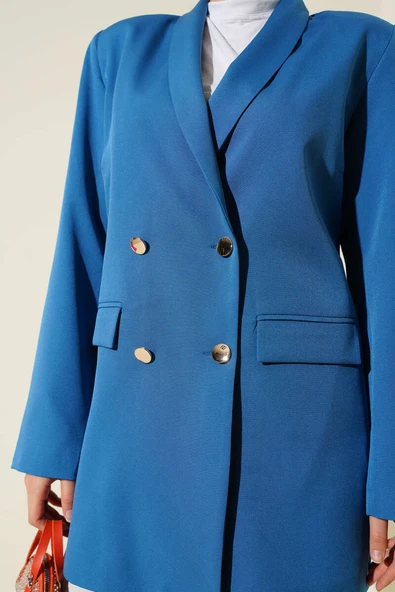Cep Kapaklı Dabıl Blazer Ceket İndigo - Resim 4