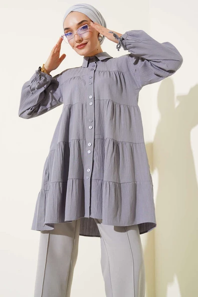 Kolları İp Bağlamalı Gömlek Gri - Resim 2