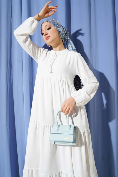 Yaka İp Bağcık Detaylı Kat Elbise Beyaz - Resim 2