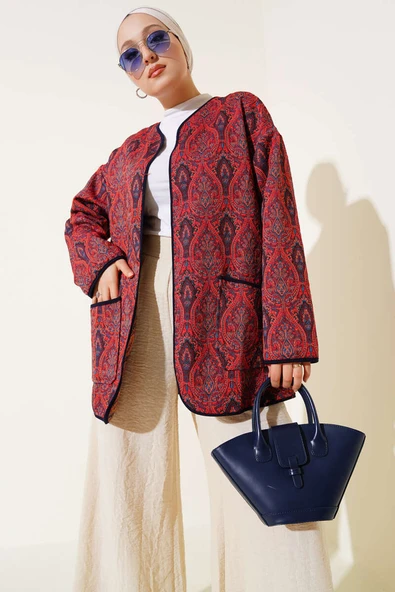 Kilim Desenli Çift Cepli Ceket Bordo ürün görseli 1