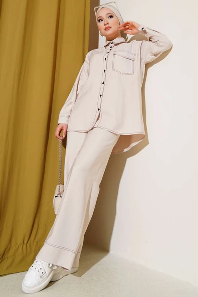 Gömlek Yaka Tek Cepli İkili Takım Bej ürün görseli 1