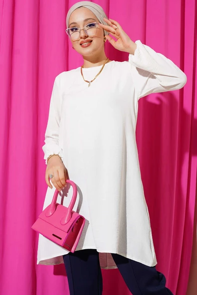 Bisiklet Yaka Biyeli Ayrobin Tunik Ekru ürün görseli 1