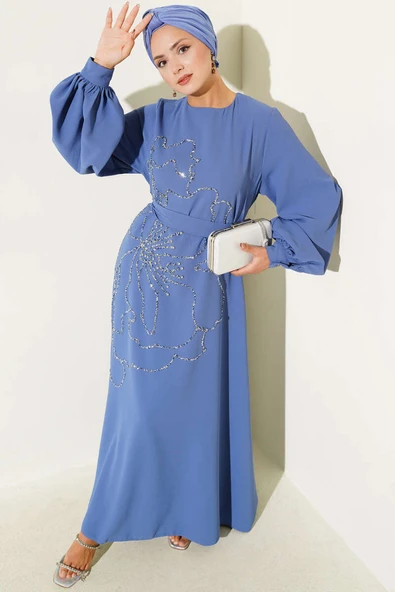 Çiçek Taş Süslemeli Abiye Elbise Indıgo ürün görseli 1