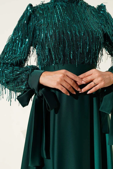 Pul Payet Kolları Bağlamalı Abiye Elbise Yeşil - Resim 4