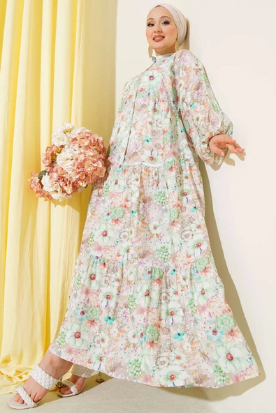 Çiçek Desenli Kloş Elbise Yeşil ürün görseli 1