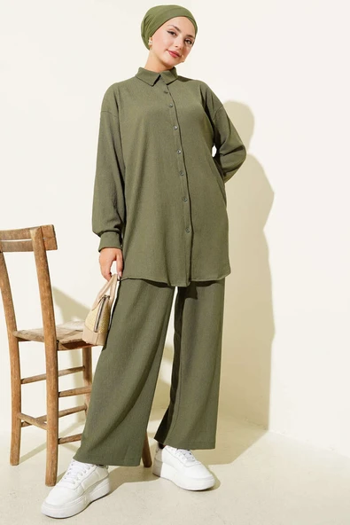 Gömlek Yaka Bürümcük İkili Takım Haki - Resim 2
