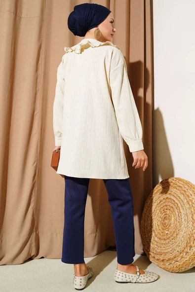 Bebe Yaka Fiyonklu Gömlek Bej - Resim 3