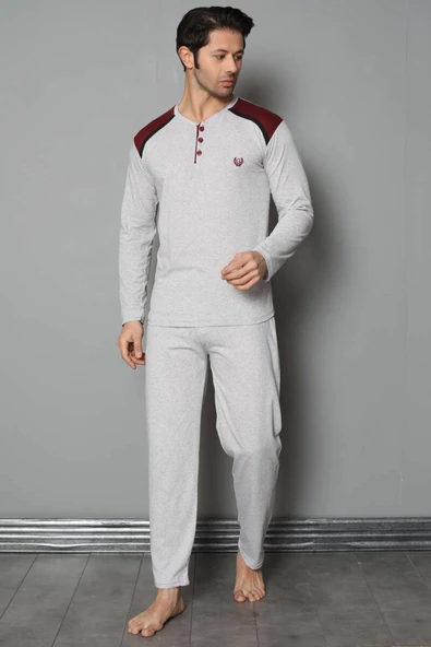 Omuz Düğmeli Uzun Kol Erkek Pijama Takım Gri ürün görseli 1