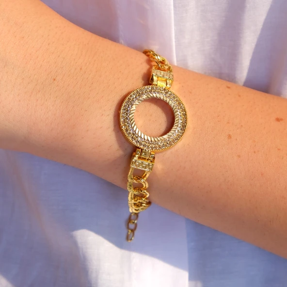 Altın Kaplama İmitasyon 2 Sıra Zirkon Taşlı Desenli Figaro Model Çeyrek Çerçeve Bileklik BLK-1159 - Resim 2