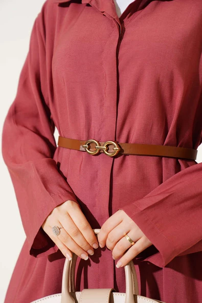 Boydan Düğmeli Kemerli Basic Elbise Gül Kurusu - Resim 4