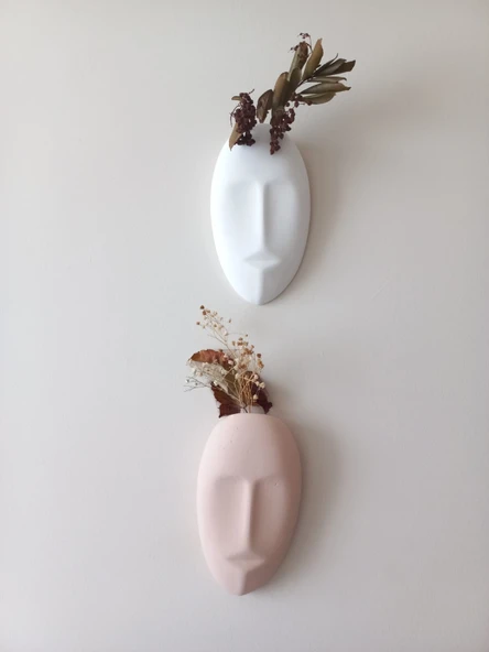 Dekoratif 2'li Yüz Duvar Vazosu, Duvar Süsü ,Heykel Aksesuar Beyaz Bej maske ürün görseli 1