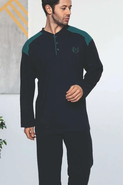 Garnili Uzun Kol Büyük Beden Pijama Takım Lacivert Yeşil - Resim 2