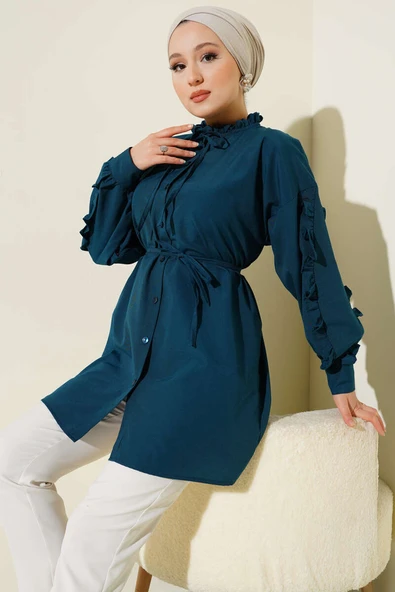 Kol Fırfırlı İp Kuşaklı Gömlek Petrol ürün görseli 1