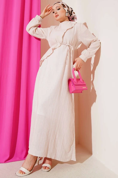 Pelerinli İp Kuşaklı Elbise Bej ürün görseli 1