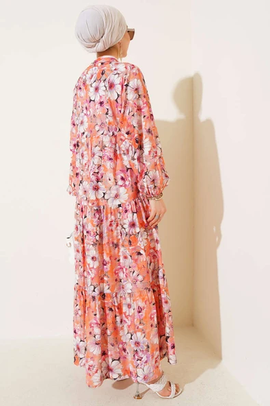 Çiçek Desenli Kloş Elbise Oranj - Resim 3