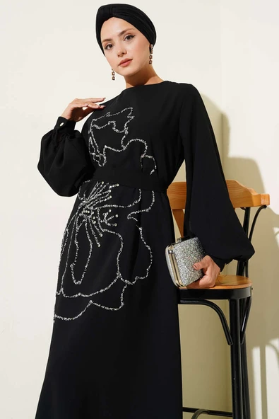 Çiçek Taş Süslemeli Abiye Elbise Siyah - Resim 2