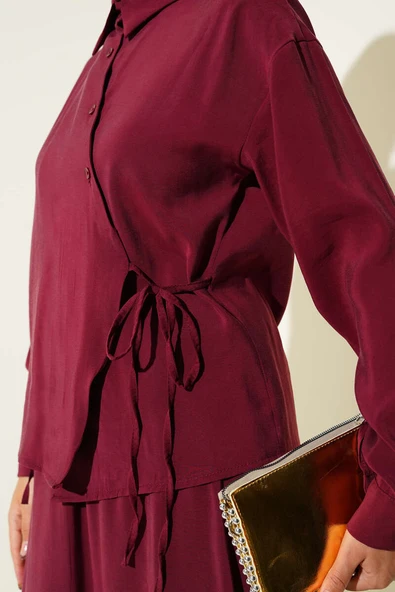 Gömlek Yaka Yandan Bağlamalı Etekli İkili Takım Bordo - Resim 4