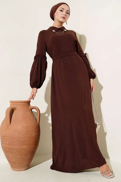 Ayrobin Kol Büzgülü Elbise Kahve ürün görseli 1