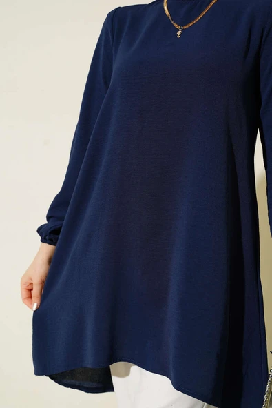 Bisiklet Yaka Biyeli Ayrobin Tunik Lacivert - Resim 4