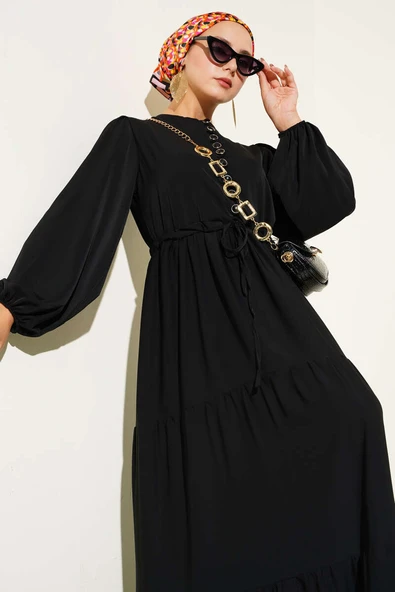 Yarım Düğmeli Belden Tünelli Elbise Siyah - 2