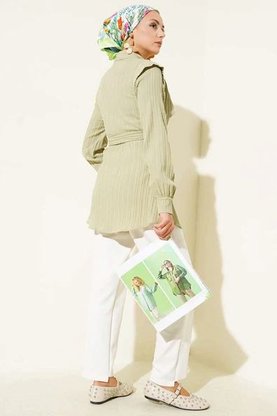 Tek Omuz Pelerinli Kuşaklı Gömlek Su Yeşili - Resim 3