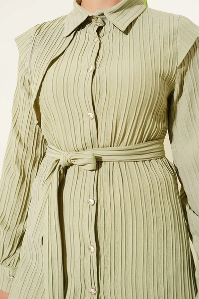 Tek Omuz Pelerinli Kuşaklı Gömlek Su Yeşili - Resim 4