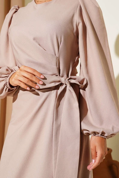 Püskül Taşlı Yan Bağlamalı Abiye Elbise Bej - Resim 4