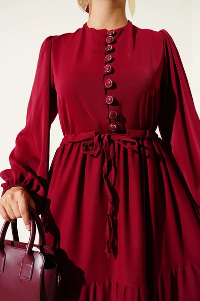 Yarım Düğmeli Belden Tünelli Elbise Bordo - Resim 4