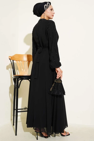 Şifon Kolları Taşlı Abiye Elbise Siyah - 3