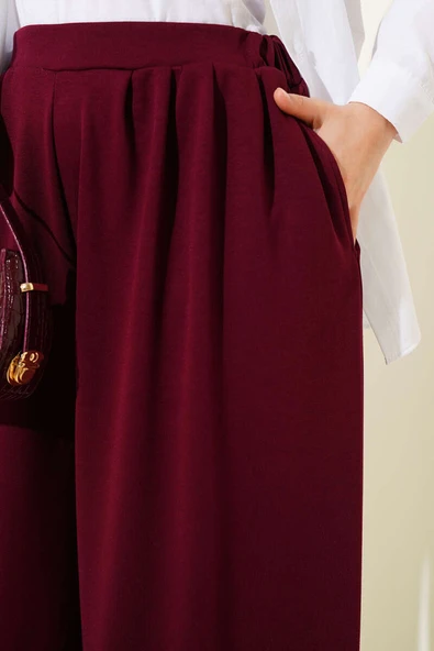 Loyşa Cepli Geniş Paça Pantolon Bordo - Resim 4