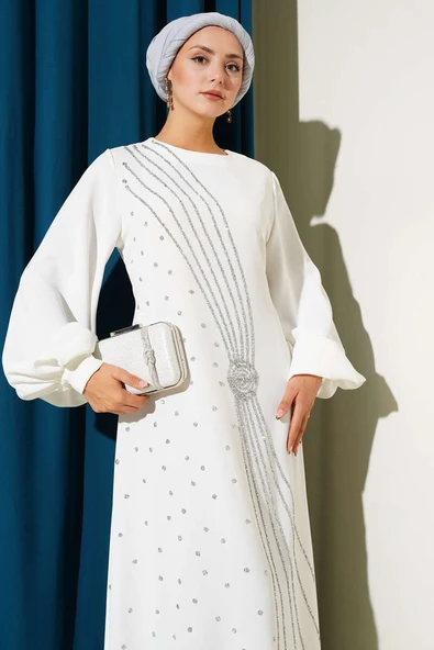 Taş Şerit Geçişli Kuşaklı Abiye Elbise Beyaz - Resim 2