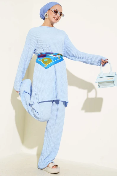 Bisiklet Yaka Gofre İkili Takım Bebe Mavi ürün görseli 1