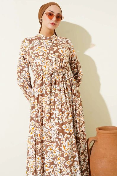 Hakim Yaka Bel Tünelli Desenli Elbise Kahve - Resim 2