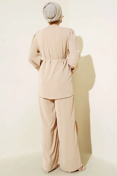Brit Düğmeli İp Kuşaklı Tunik İkili Takım Bej - Resim 3
