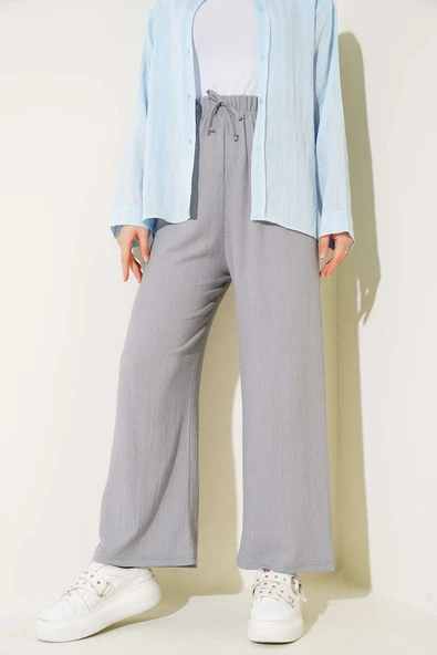 Bel İp Detaylı Bürümcük Pantolon Gri - Resim 2
