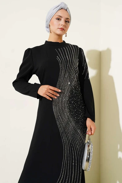 Mini Taş Süslemeli Abiye Elbise Siyah - Resim 2