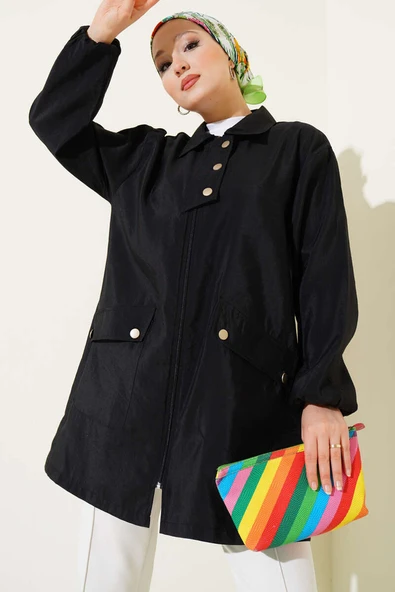 Fermuarlı Gömlek Yaka Kap Siyah ürün görseli 1