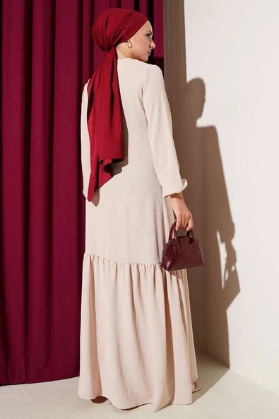 Taşlı Kuş Gözü Detaylı Bağlamalı Elbise Bej - Resim 3